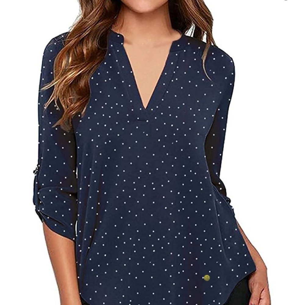 Navy polkadot tab sleeve blouse